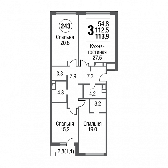 Трёхкомнатная квартира 113.6 м²