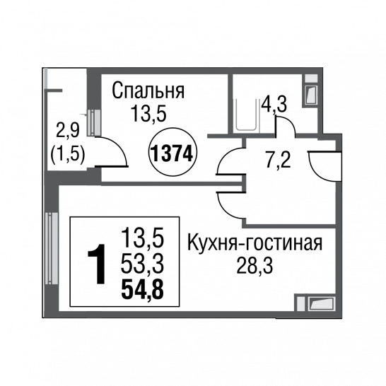 Однокомнатная квартира 54.5 м²